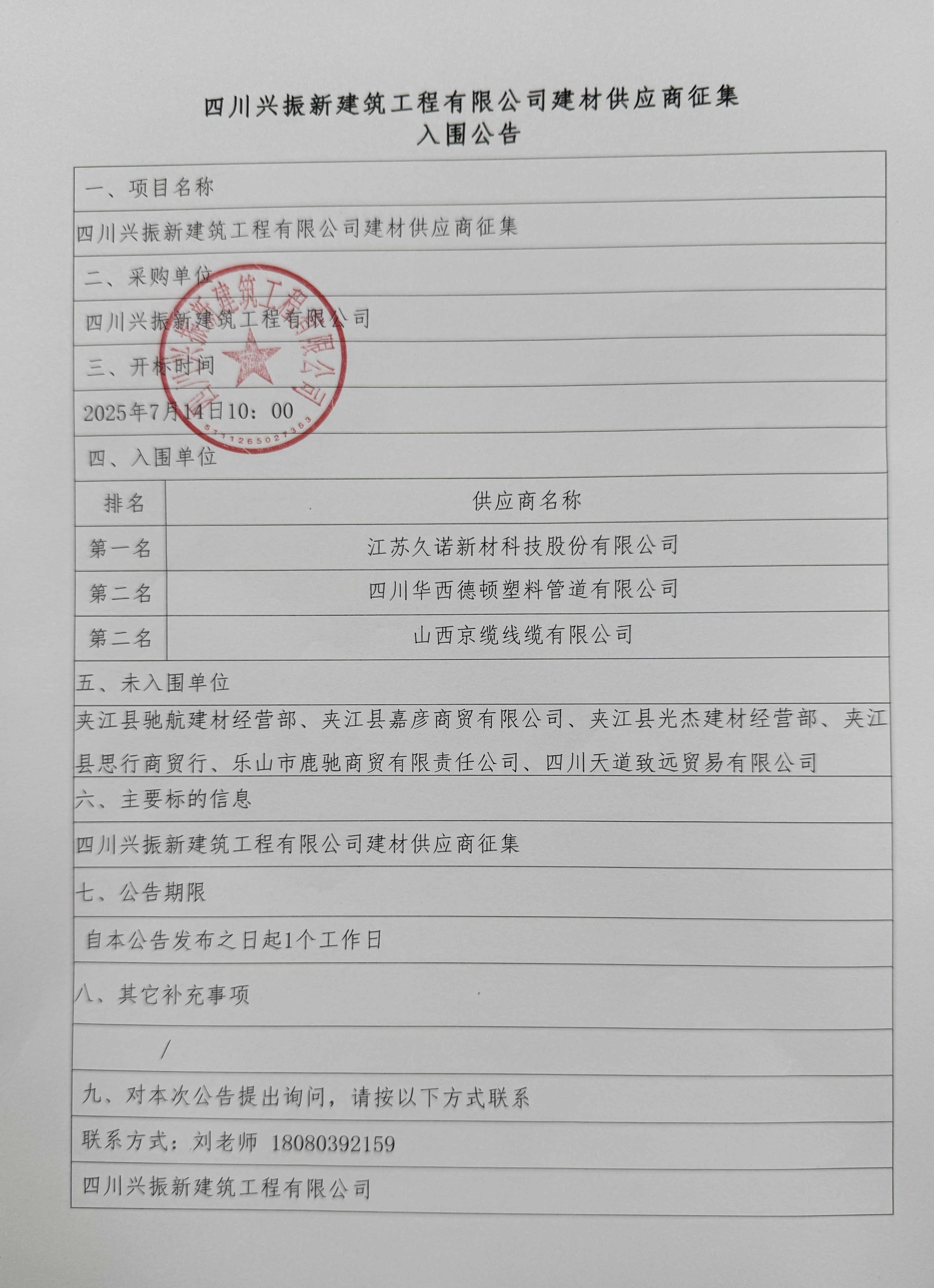 入围公告
