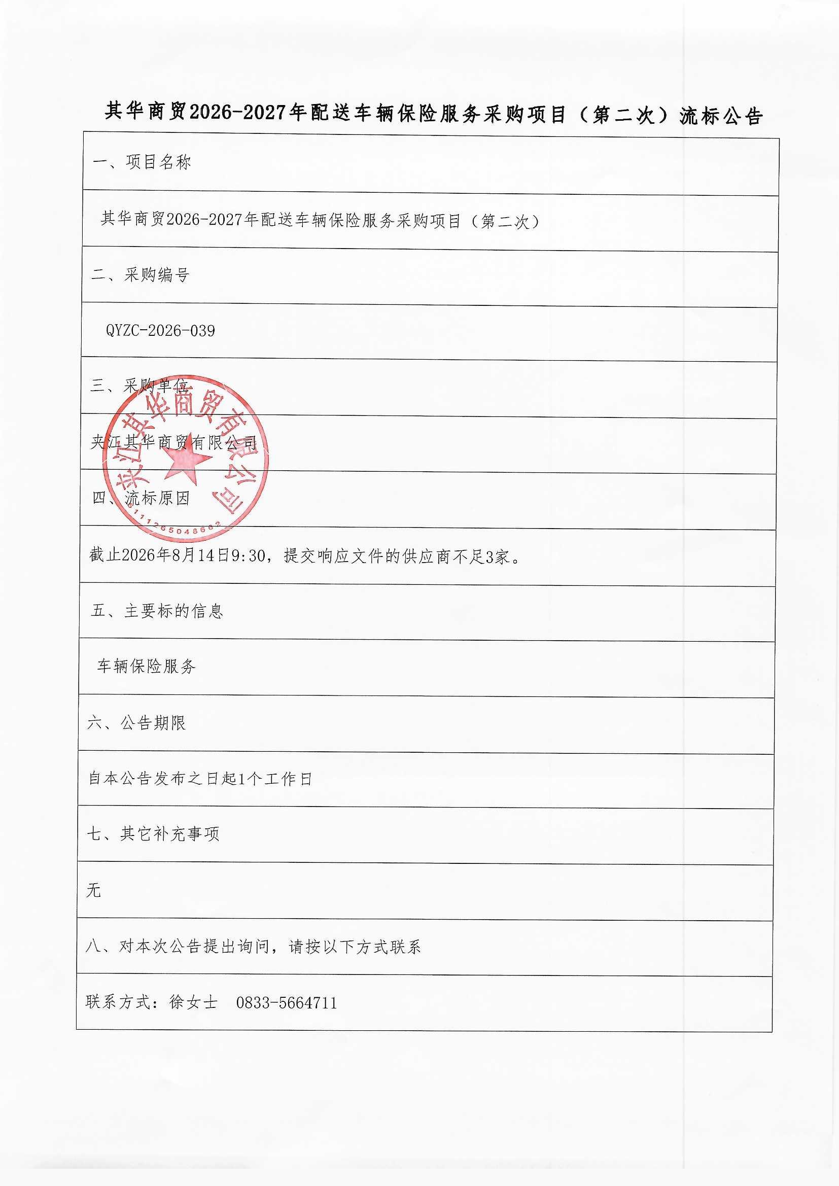 流标公告第二次